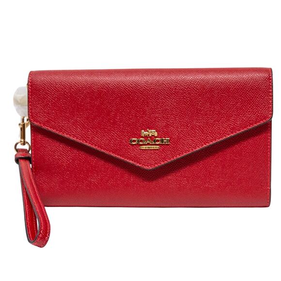 Large Roomy COACH Red Crossgrain Leather Travel Envelope Wristlet Wallet NWT - Picture 1 of 8
